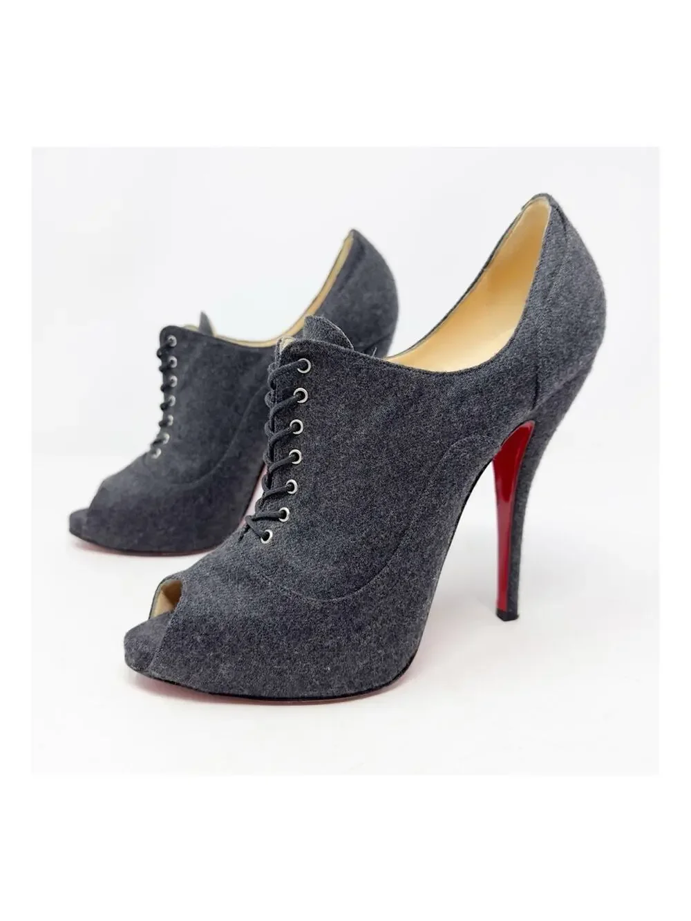 Christian Louboutin Lady Derby Flannel Lace Up Peep Toe Booties Womens Size 40